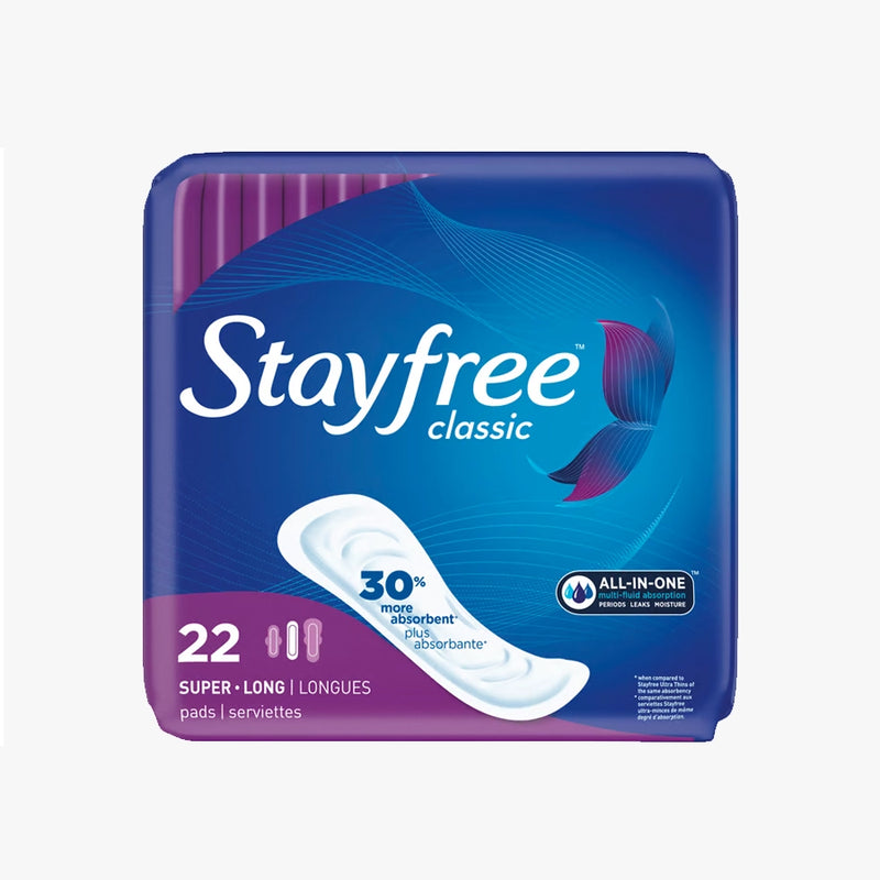 Stayfree Classic Super Long Pads Without Wings 22 count pack front horizontal view. 
