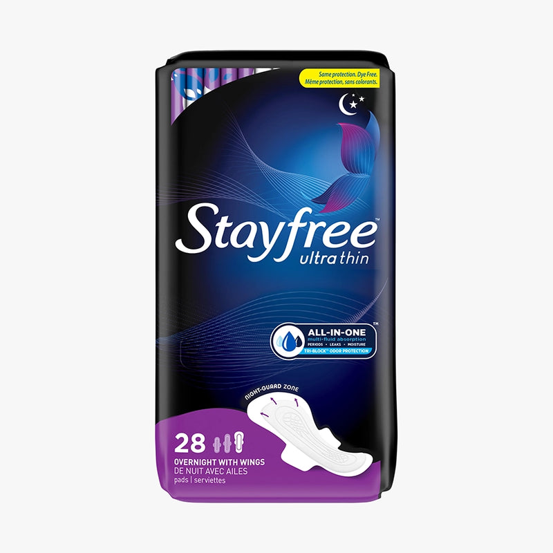 Stayfree Ultra Thin Overnight Unscented Pads With Wings 28 count pack front vertical view.