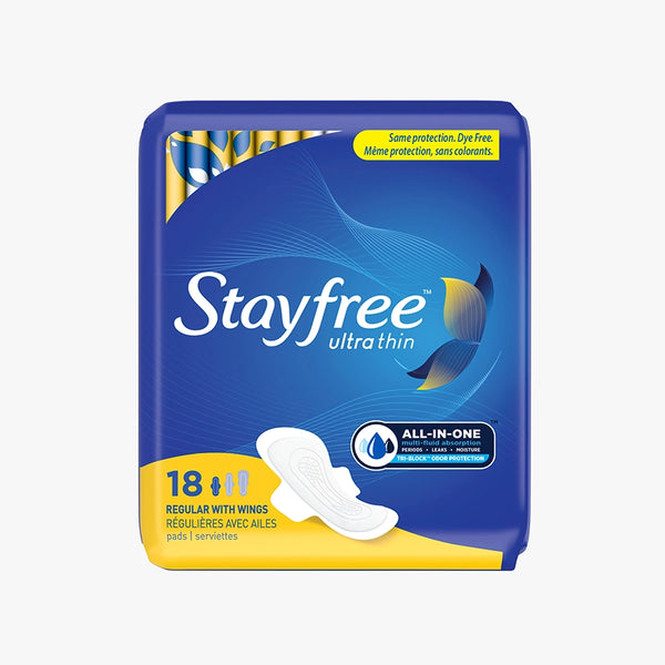 Stayfree Ultra Thin Regular Unscented Pads With Wings 18 count pack front vertical view.