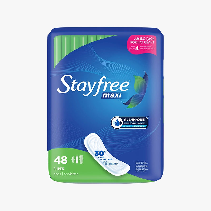 Stayfree Maxi Super Unscented Pads Without Wings 48 count jumbo pack front vertical view. 