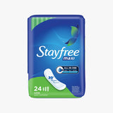 Stayfree Maxi Super Unscented Pads Without Wings 24 count pack front vertical view. 