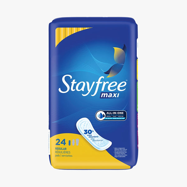 Stayfree Maxi Regular Unscented Pads Without Wings 24 count pack front vertical view. 