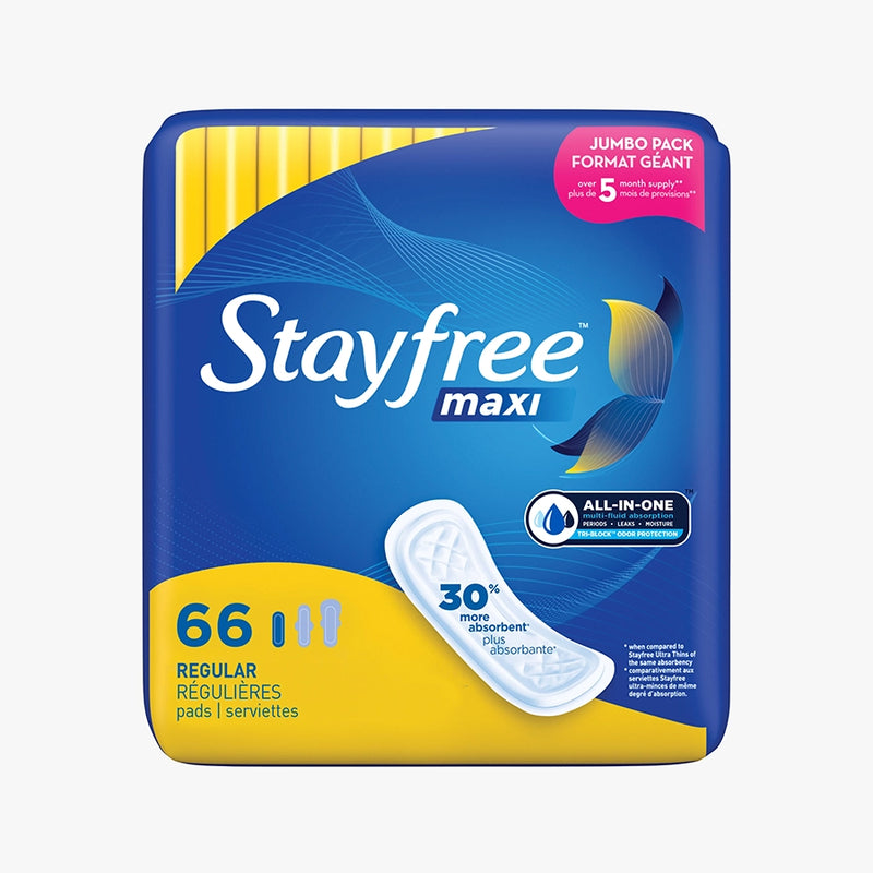 Stayfree Maxi Regular Unscented Pads Without Wings 66 count jumbo pack front vertical view. 