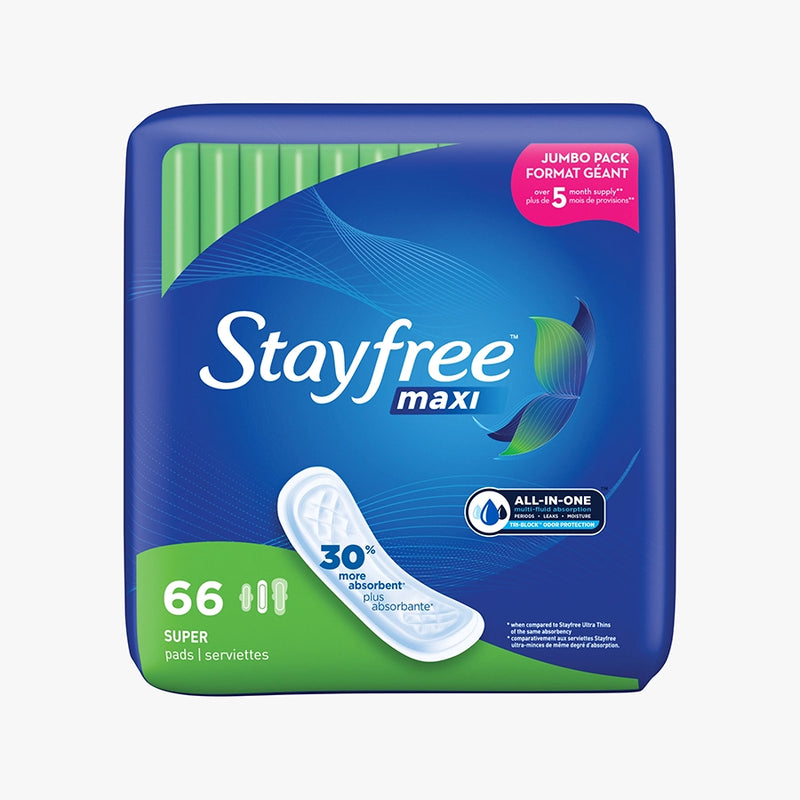 Stayfree Maxi Super Unscented Pads Without Wings 66 count jumbo pack front horizontal view. 