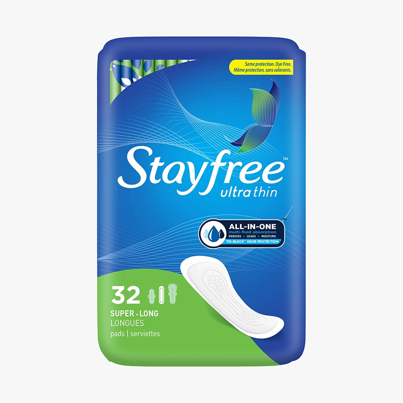 Stayfree Ultra Thin Long Unscented Pads Without Wings 32 count pack front vertical view